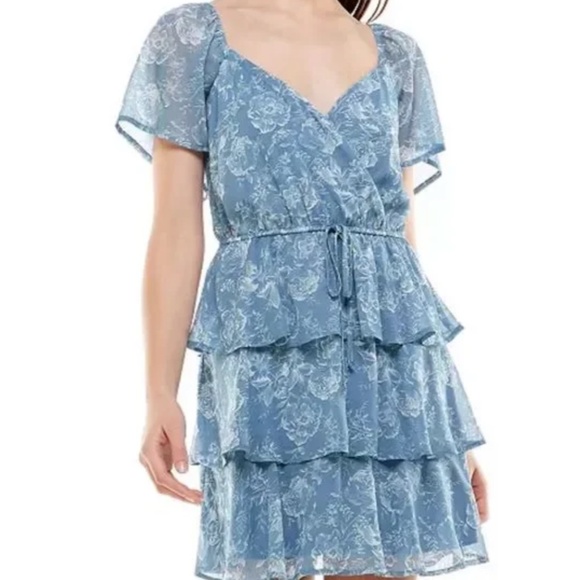 NWOT Altar'd State Dusty Blue Floral Dress with Tiered Skirt - Picture 2 of 8